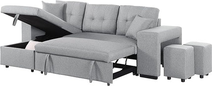 L-Shape Sectional Sofa with Pull Out Loveseat, Linen Upholstered Reversible Sleeper Bed, Couches with Storage Chaise, Cabinet Armrest, for Living Room Apartment, Light Gray, 95.27 - LeafyLoom