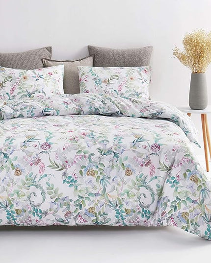 Wake In Cloud - Floral Comforter Set, Flowers Leaves Botanical Plant Cottagecore Aesthetic for Women Kids Girls, Soft Lightweight Bedding, 3 Pieces, Lilac Green, Twin Size - LeafyLoom