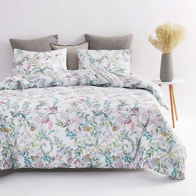 Wake In Cloud - Floral Comforter Set, Flowers Leaves Botanical Plant Cottagecore Aesthetic for Women Kids Girls, Soft Lightweight Bedding, 3 Pieces, Lilac Green, Twin Size - LeafyLoom