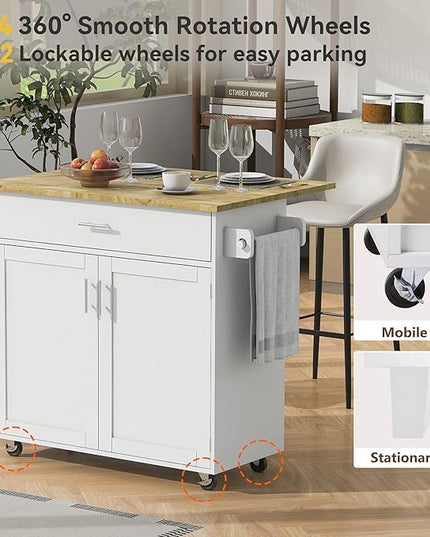 Island with Storage, Rolling Kitchen Cart on Wheels w/Drop Leaf, Internal Cabinet, Adjustable Shelf Towel Rack and Rubber Wood Countertop, for Dining Room, Home, White, 39 Inch - LeafyLoom