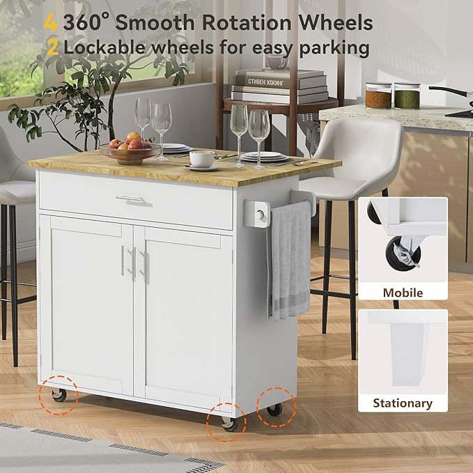 Island with Storage, Rolling Kitchen Cart on Wheels w/Drop Leaf, Internal Cabinet, Adjustable Shelf Towel Rack and Rubber Wood Countertop, for Dining Room, Home, White, 39 Inch - LeafyLoom