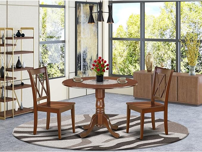 East West Furniture DLCL3-MAH-W Dublin 3 Piece Set for Small Spaces Contains a Round Dining Room Table with Dropleaf and 2 Wooden Seat Chairs, 42x42 Inch - LeafyLoom