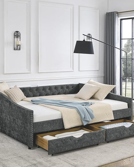 Queen Size Upholstered Daybed with Two Storage Trundle Drawers, Wooden Sofa Bed w/Button Tufted Backrest and Waved Shape Arms, No Box Spring Needed, for Living Room, Bedroom, Dorm, Grey - LeafyLoom