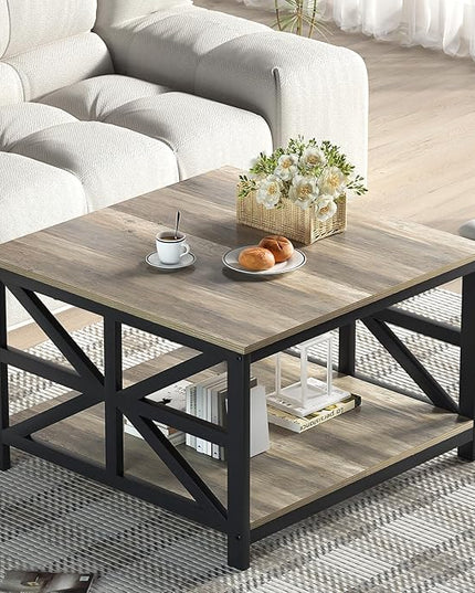GreenForest Coffee Table with Storage, Small Coffee Table with Split Tabletop for Living Room, 27.6 inch Farmhouse Square Sofa Table Center Table for Small Spaces, Easy Assembly, Grey Wash - LeafyLoom