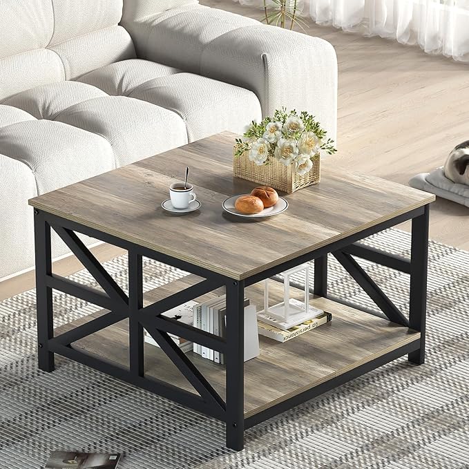 GreenForest Coffee Table with Storage, Small Coffee Table with Split Tabletop for Living Room, 27.6 inch Farmhouse Square Sofa Table Center Table for Small Spaces, Easy Assembly, Grey Wash - LeafyLoom