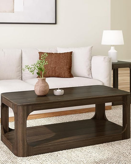 Plank+Beam Forma Coffee Table, Solid Wood 48 Inch Modern Coffee Table with Shelf, Contemporary Center Table with Storage Space, Rectangle Tea Table with Storage, Walnut - LeafyLoom