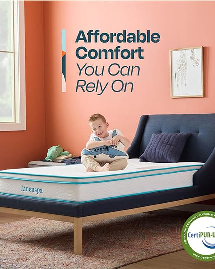 Linenspa 8 Inch Memory Foam and Spring Hybrid Mattress - Medium Firm Feel - Bed in a Box - Quality Comfort and Adaptive Support - Breathable - Cooling - Guest and Kids Bedroom - Twin Size - LeafyLoom
