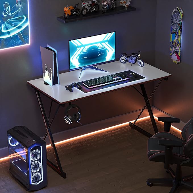 CubiCubi Gaming Desk 47 Inch PC Computer Desk, Carbon Fiber Home Office Desk Table Gamer Workstation, Simple Game Table with Headphone Hook, White - LeafyLoom
