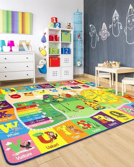 Chicrug Educational 3x5 Kids Area Rug for Playroom, TPR Non Slip Kids Classroom Carpet Rug for Learning ABC Animal, Shape Color Fruit, Washable Play Mat Rug for Children Nursery Toddler Room Decor - LeafyLoom