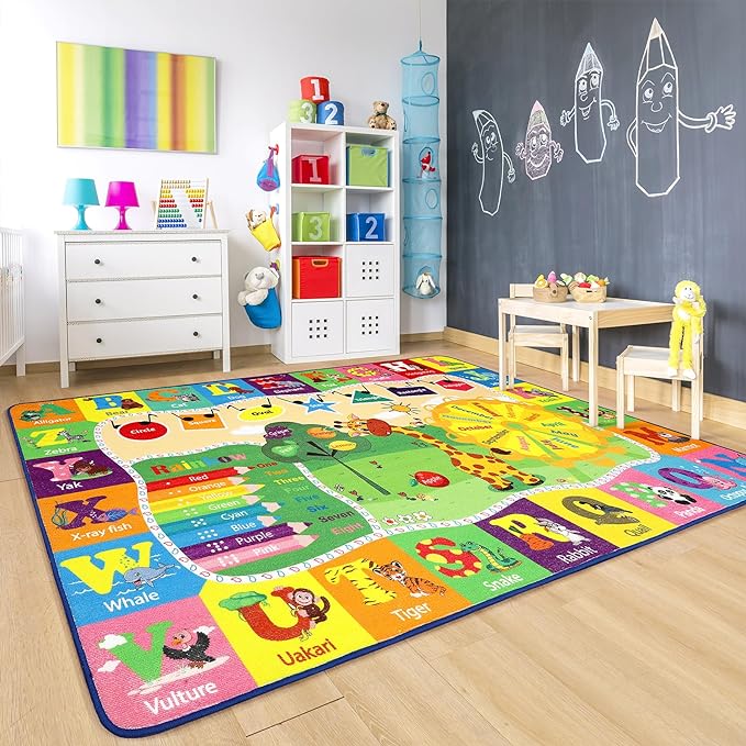 Chicrug Educational 3x5 Kids Area Rug for Playroom, TPR Non Slip Kids Classroom Carpet Rug for Learning ABC Animal, Shape Color Fruit, Washable Play Mat Rug for Children Nursery Toddler Room Decor - LeafyLoom