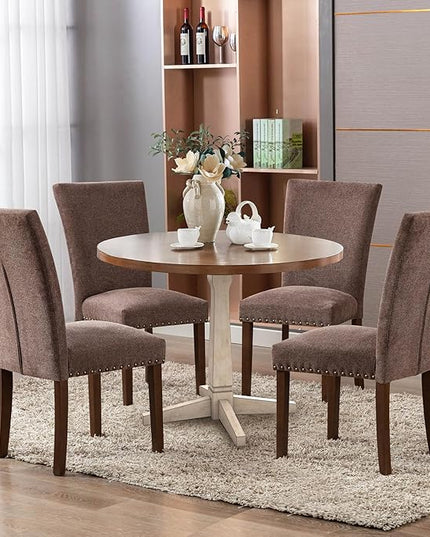 COLAMY Upholstered Parsons Dining Chairs Set of 2, Fabric Dining Room Kitchen Side Chair with Nailhead Trim and Wood Legs - Brown - LeafyLoom