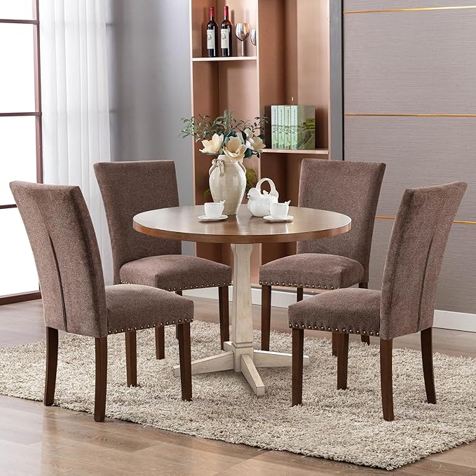 COLAMY Upholstered Parsons Dining Chairs Set of 2, Fabric Dining Room Kitchen Side Chair with Nailhead Trim and Wood Legs - Brown - LeafyLoom
