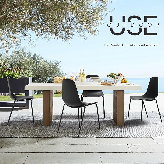 COLAMY Stackable Dining Chairs Set of 4, Indoor Outdoor Dining Room Side Chairs with Metal Legs, Modern Plastic Patio Chairs for Home/Kitchen/Office/Resturant/Bistro/Cafe, Black - LeafyLoom