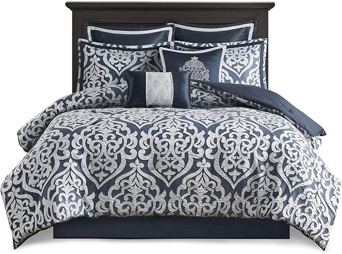 Madison Park Odette Cozy Comforter Set Jacquard Damask Medallion Design - Modern All Season, Down Alternative Bedding, Shams, Decorative Pillows, Cal King(104 in x 92 in), Navy 8 Piece - LeafyLoom