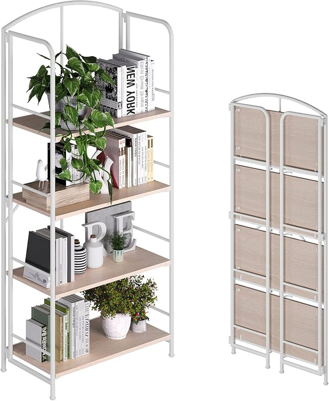 No Assembly Folding Bookshelf, Metal Book Shelf for Storage, Folding Bookcase for Office Organization and Storage (White, 4 Tiers) - LeafyLoom