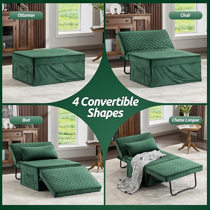 Sofa Bed, 4 in 1 Multi-Function Folding Ottoman Breathable Velvet Couch Bed with Adjustable Backrest Modern Convertible Chair for Living Room Apartment Office,Squared-Green - LeafyLoom