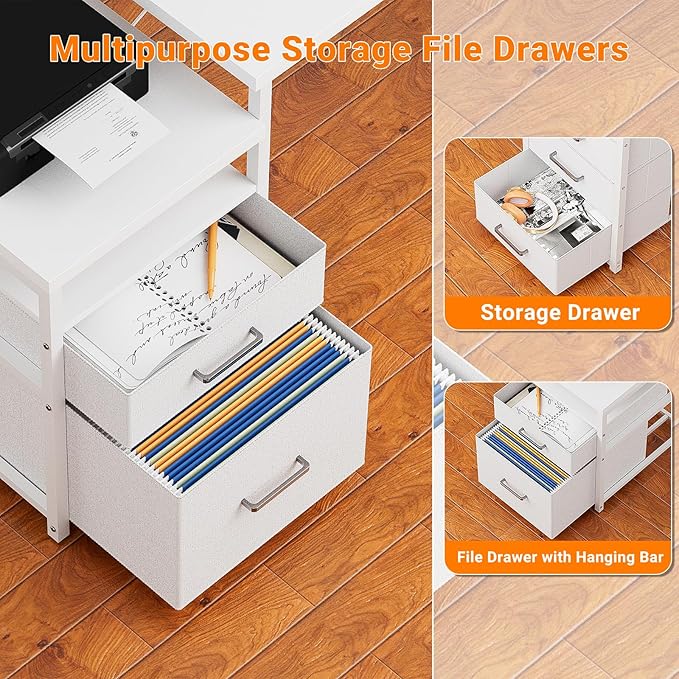 Unikito 70.8" Reversible L Shaped Computer Desk with Fabric File Drawers, Corner Desk with RGB LED Lights & Power Outlets & Monitor Stand, Large Gaming Desk for Home Office Workstation, White - LeafyLoom