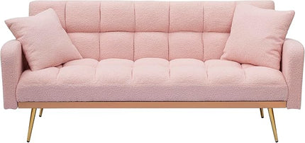 Fabric Teddy Fleece Folding Futon Sofa Bed w/Adjustable Backrests, 2 Seater Tufted Convertible Lounge Couch Recliner Loveseat with Metal Golden Legs for Living Room, Office,Bedroom, Pink 69" - LeafyLoom