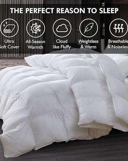 Luxurious Oversize California King 108" x 98" Size Goose Down Fiber Waterfowl Feather Fiber Comforter Duvet, 100% Egyptian Cotton Cover, 68 oz. Fill Weight, Baffle Box Design, White Solid - LeafyLoom