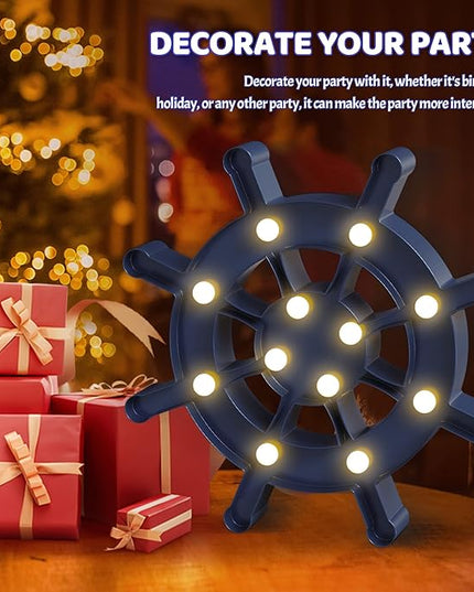 Blue Ship Wheel Wall Decor, Beach Themed Kids Room Decor, Battery Powered Rudder Night Light for Kids, Coastal Wall Decor, Ocean Decor, Coastal Decor - LeafyLoom