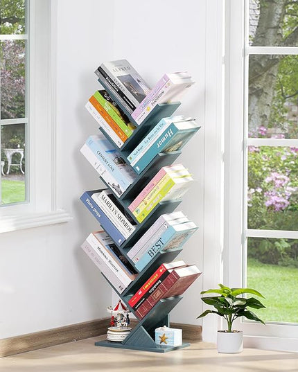 10 Tier Tree Book Shelf, Floor Standing Wood Bookshelf for Narrow Space, Storage Organizer Bookshelves for Books/CDs/Magazine, Bookcase with Shelves for Home Office, Living Room - Blue - LeafyLoom
