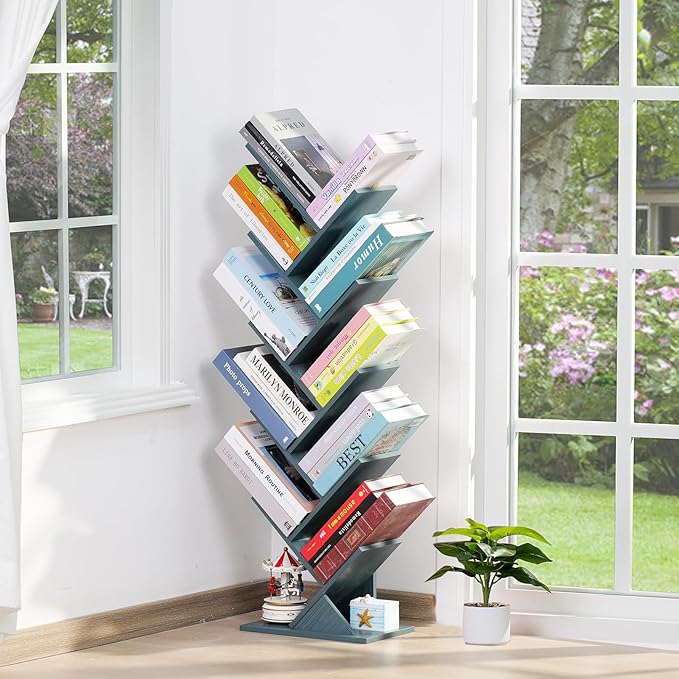 10 Tier Tree Book Shelf, Floor Standing Wood Bookshelf for Narrow Space, Storage Organizer Bookshelves for Books/CDs/Magazine, Bookcase with Shelves for Home Office, Living Room - Blue - LeafyLoom
