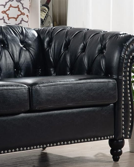 3-Seaters Living Room Clasic Chesterfield Sofa Couch Button Tufted PU Leather Upholstered Sofa&Couch with Luxury Roller Armrest Soild Wood Legs Movable Cushions & Nailhead Decor - LeafyLoom