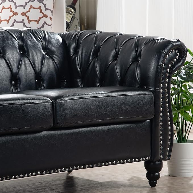 3-Seaters Living Room Clasic Chesterfield Sofa Couch Button Tufted PU Leather Upholstered Sofa&Couch with Luxury Roller Armrest Soild Wood Legs Movable Cushions & Nailhead Decor - LeafyLoom