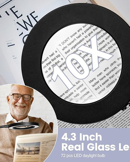 10X Magnifying Glass with Light and Stand,NUEYiO 3-Color Stepless Dimmable LED Magnifying Floor Lamp, 24" Gooseneck Adjustable Swing Arm Lighted Magnifier Lamp with Clamp for Reading Craft Esthetican - LeafyLoom