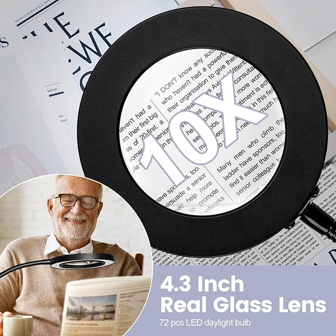 10X Magnifying Glass with Light and Stand,NUEYiO 3-Color Stepless Dimmable LED Magnifying Floor Lamp, 24" Gooseneck Adjustable Swing Arm Lighted Magnifier Lamp with Clamp for Reading Craft Esthetican - LeafyLoom