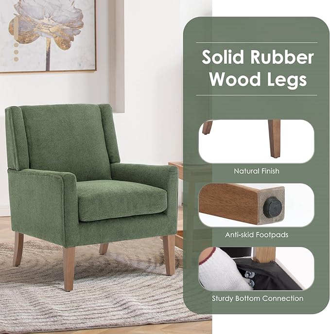 COLAMY Modern Wingback Living Room Chair, Upholstered Fabric Accent Armchair, Single Sofa chair with Lounge Seat and Wood Legs for Bedroom/Office/Reading Spaces, Green - LeafyLoom