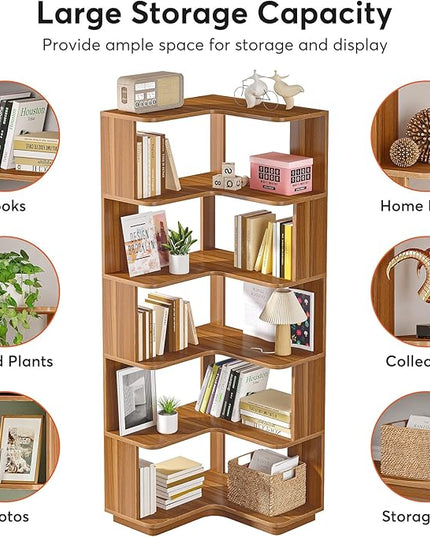 6-Shelf Corner Bookshelf, 65” Tall L Shaped Bookcase, 6-Tier Industrial Corner Shelf Storage Display Rack for Living Room Home Office, Wood Grain Walnut - LeafyLoom
