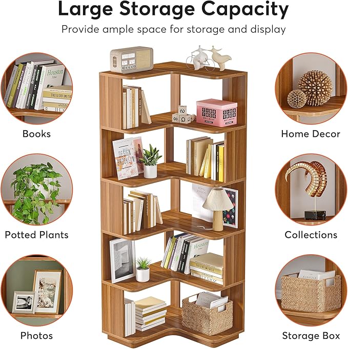 6-Shelf Corner Bookshelf, 65” Tall L Shaped Bookcase, 6-Tier Industrial Corner Shelf Storage Display Rack for Living Room Home Office, Wood Grain Walnut - LeafyLoom