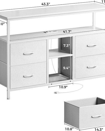 TV Stand Dresser with Power Outlets and LED Lights, 4 Drawers Entertainment Center with Open Shelf, Media Console for 50 43 Inch TV, Dresser with PU Finish, White - LeafyLoom