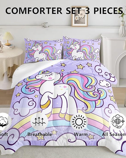 Axolotl Rainbow Unicorn Bedding Set Full,Purple Unicorn Kids Comforter Sets with Stars Cloud for Girls,1 Quilt with 2 Pillowcases for Girls Kids Teens Children Adults Bedroom Decor All Season - LeafyLoom