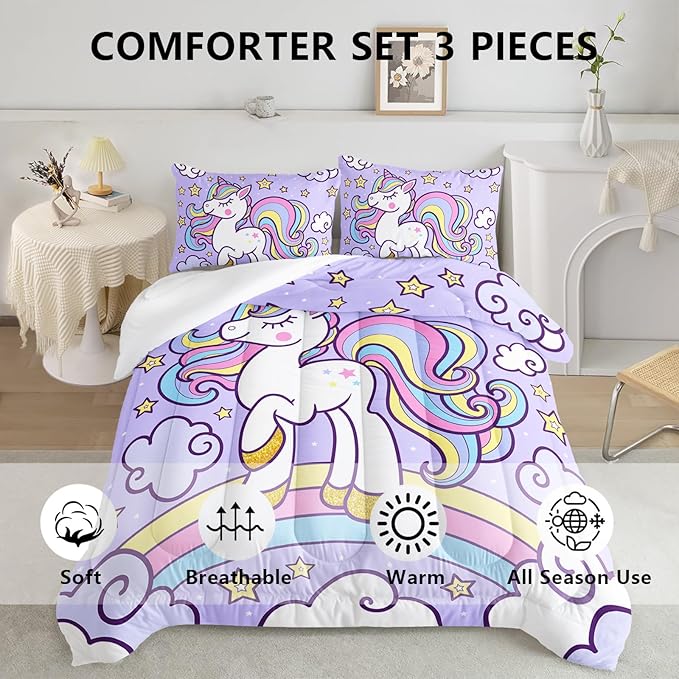 Axolotl Rainbow Unicorn Bedding Set Queen,Purple Unicorn Kids Comforter Sets with Stars Cloud for Girls,1 Quilt with 2 Pillowcases for Girls Kids Teens Children Adults Bedroom Decor All Season - LeafyLoom
