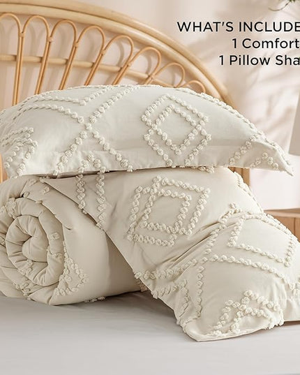 Bedsure Boho Comforter Set Twin - Beige Tufted Bedding Comforter Set, 2 Pieces Farmhouse Shabby Chic Embroidery Bedding Set, Soft Geometric Pattern Comforter for All Seasons - LeafyLoom