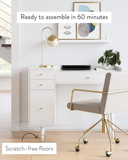 Nathan James Daisy Vanity Dressing Table or Makeup Desk with 4-Drawers and Brass Accent Knobs, White Wood - LeafyLoom