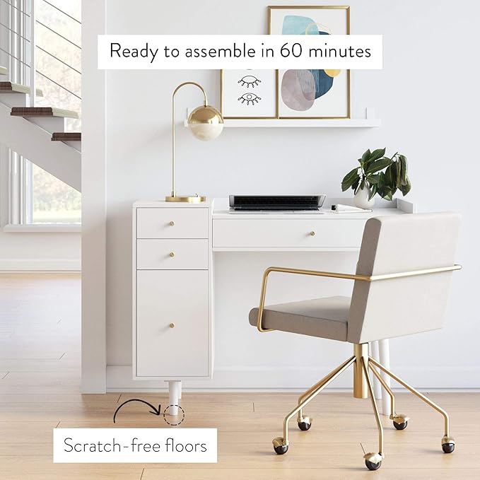 Nathan James Daisy Vanity Dressing Table or Makeup Desk with 4-Drawers and Brass Accent Knobs, White Wood - LeafyLoom