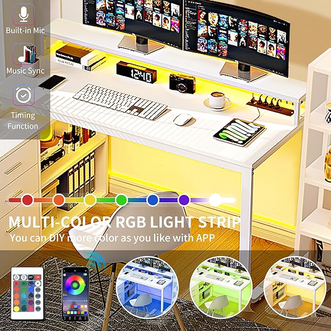 YITAHOME L Shaped Desk with Drawers, 55" Corner Computer Desk with Power Outlets, L-Shaped Desk with LED Lights & File Cabinet for Home Office, White - LeafyLoom