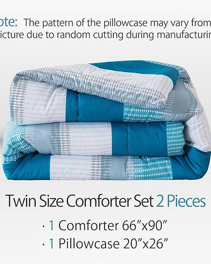 Andency Stripe Comforter Set Twin Size (66x90 Inch), 2 Pieces Teal Patchwork Striped Comforter, Soft Microfiber Down Alternative Comforter Bedding Set with Corner Loops - LeafyLoom