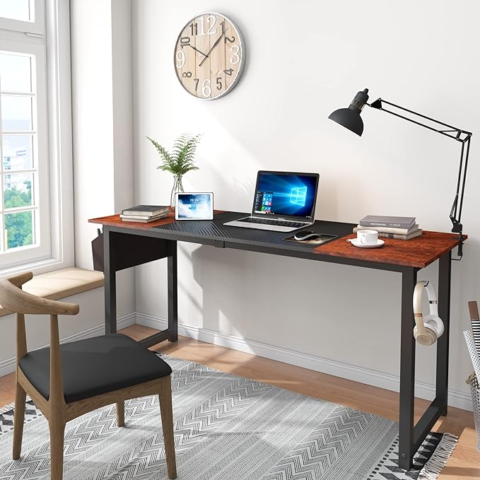 63 Inch Home Office Computer Two-Color Panel Desk with Storage Bag and Hook, Black, Sandalwood Color, Industrial Modern Laptop Desk - LeafyLoom