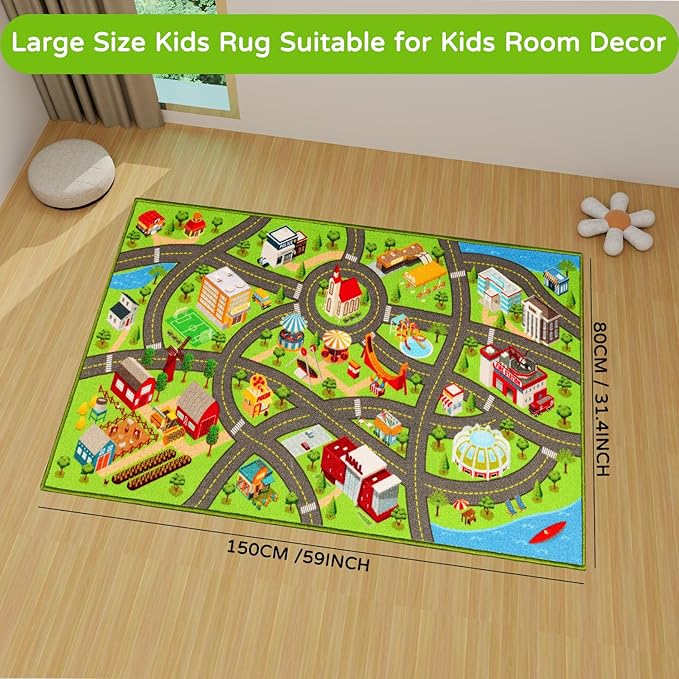 Kids Rugs Traffic Road Carpet for Car City Map Play Rug 3.3'×5' for Playroom Educational Mat Area Rug, Kid Playtime Collection Toddler Car Track Rug Cute Cartoon (City Road B, 39.4×59 in) - LeafyLoom
