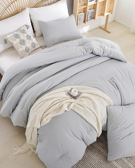 Grey Comforter Queen Size 3PCS Light Grey Comforter with 2 Pillowcases - Ligtweight Soft Solid All Season Queen Comforter Bed Set - Boho Aesthetic Bedding Set for Men and Women - LeafyLoom