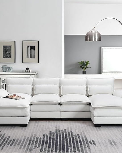 U Shaped Modular Sectional Sofa with Double Chaise Lounge, Chenille Upholstered Symmetrical Cloud Couch with Solid Wood Legs and Waist Pillows, 6 Seater Large Sofa&Couch for Living Room Office - LeafyLoom