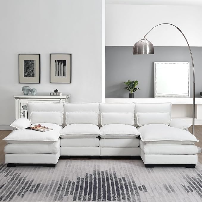 U Shaped Modular Sectional Sofa with Double Chaise Lounge, Chenille Upholstered Symmetrical Cloud Couch with Solid Wood Legs and Waist Pillows, 6 Seater Large Sofa&Couch for Living Room Office - LeafyLoom
