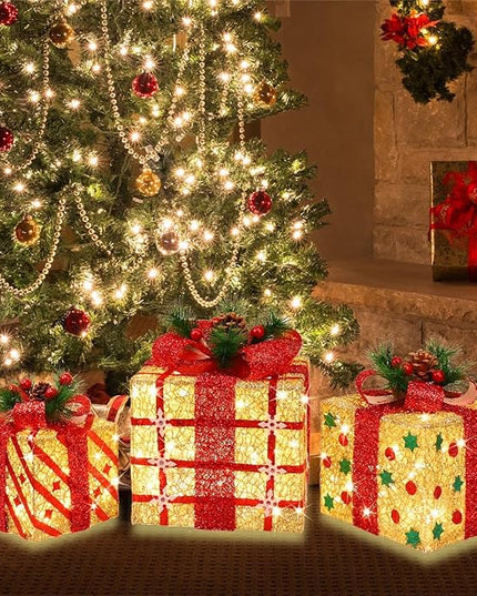 [Large 9.5"x8"x6.5" Christmas Set of 3 Lighted Gift Boxes Decorations Pre-lit 70 Super-Bright LED with Flashers,for Indoor Outdoor Christmas Tree Skirt Ornament Pathway Holiday Party Home GLOWNOVA