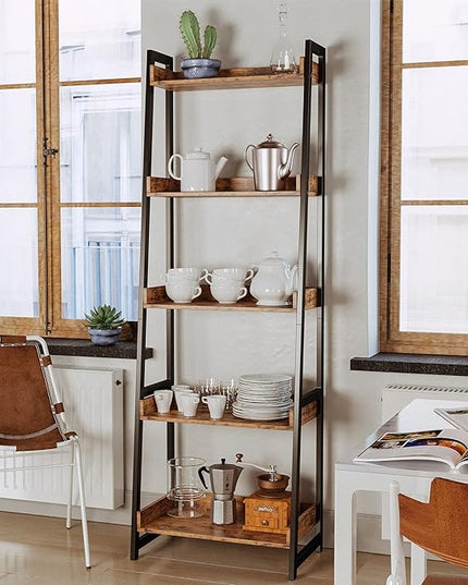 IRONCK Industrial Bookshelf 5-Tier, Bookcase Ladder Shelf, Storage Shelves Rack Shelf Unit, Accent Furniture Metal Frame, Home Office Furniture for Bathroom, Living Room - LeafyLoom