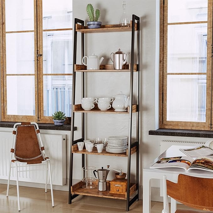 IRONCK Industrial Bookshelf 5-Tier, Bookcase Ladder Shelf, Storage Shelves Rack Shelf Unit, Accent Furniture Metal Frame, Home Office Furniture for Bathroom, Living Room - LeafyLoom