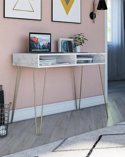 Novogratz Athena Computer Desk with Storage, White Marble - LeafyLoom